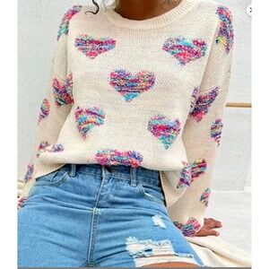 Valentine's Day Galentines Relaxed Fit Small Multi Color Bouclé Hearts Sweater